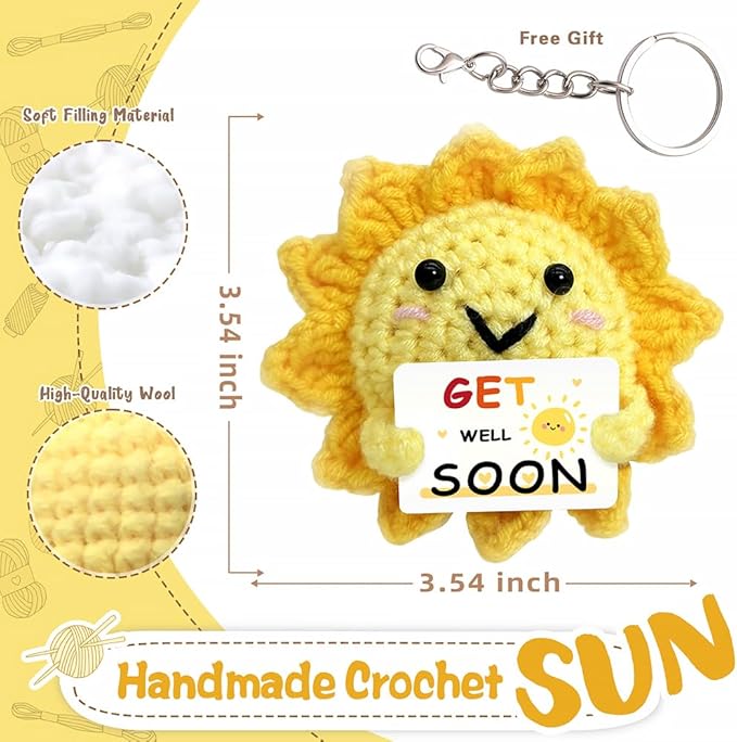Get Well Soon Gifts - Handmade Crochet Sunshine with Positive Messages, Crochet Emotional Support Buddies for Surgery Recovery & Healing | Get Well Soon Gifts for Women, Men, Friend of All Ages