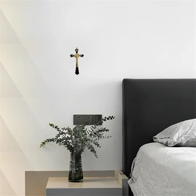 BONITTER Golden St Benedict Crucifix Metal Wall Art, 7.8x4.1 Inch Cross, Blue/White/Black/Red Wall Decor, Saint Benedic Cross for Home Decoration, Catholic Gift (Black)