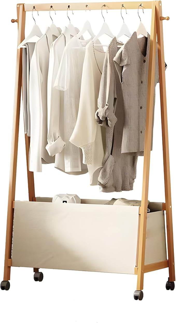 Bamboo Clothing Rack with Top Hanging Garment Rod, 2 Side Hooks & Bottom Fabric Storage Basket and 360° Rotating Wheels, Space-Saving Organizer for toys, Hats, Bags & folded clothes