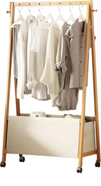Bamboo Clothing Rack with Top Hanging Garment Rod, 2 Side Hooks & Bottom Fabric Storage Basket and 360° Rotating Wheels, Space-Saving Organizer for toys, Hats, Bags & folded clothes