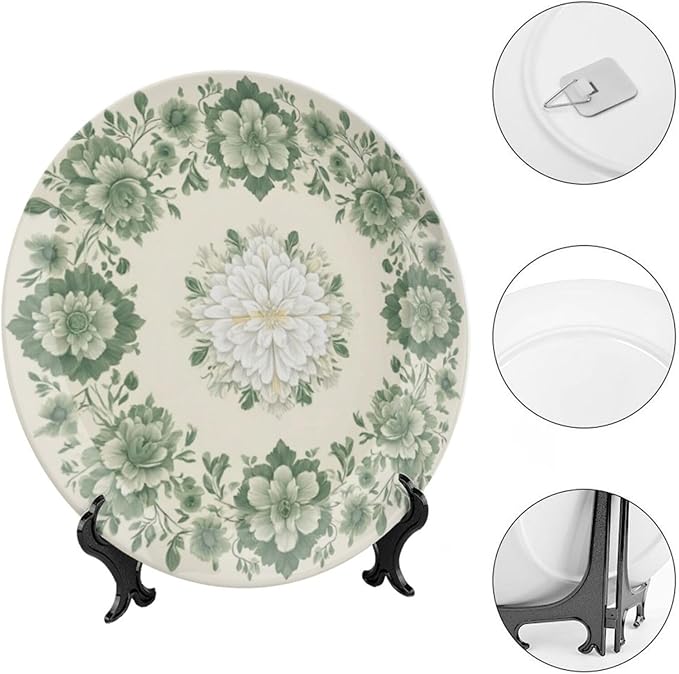 Flowers Theme Decorative Ceramic Plate Round Porcelain Plate,6 inch,Botanical Watercolor Pattern,for Decorative Ornaments Giving Plates,1 Plate with 1 Display Stand,Green White