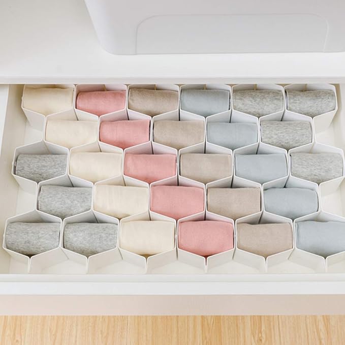 Poeland Drawer Divider Organizer Adjustable DIY Grid Honeycomb Drawer Divider for Underwear Belt Scarf Socks White