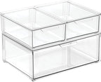 mDesign Plastic Stackable Closet Storage Organizer Bin Containers with Front Pull Drawer for Cabinet, Desk, Shelf, Cupboard, or Dresser Organization - Lumiere Collection - Set of 3 - Clear