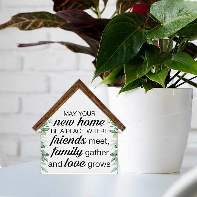 Housewarming Gifts, New House New Apartment Decor, Gifts for New Home Owner, Blessings House Shaped Wooden Block Sign Home Living Room Decor for Desk Table Shelf
