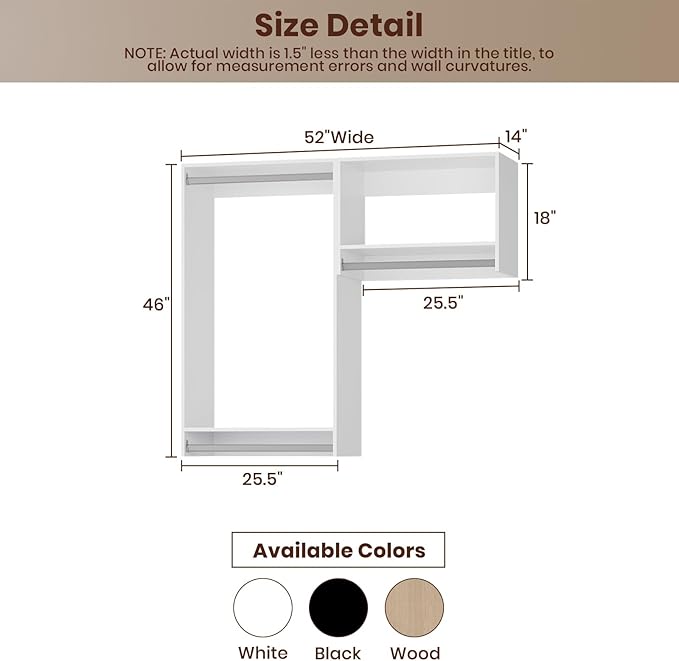 ROOMTEC Modular Closet System, 52" Wall-Mounted Closet Organizer with Hanging Rods, Wooden Tower for Walk-In Closets, Wardrobe Storage Kit, White