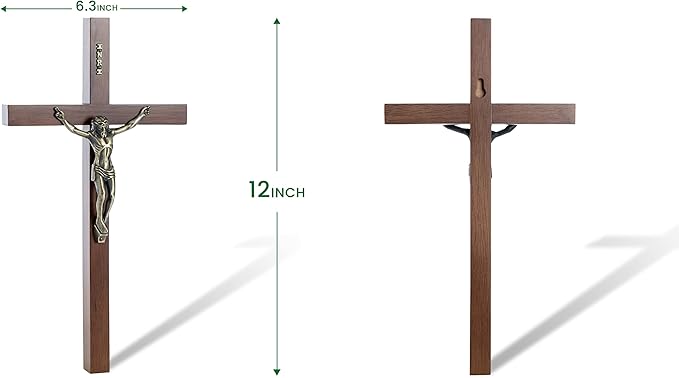 DCCXN Crucifix Wall Cross, Solid Wooden Catholic Jesus Christ Crosses for Home Decor - 12 Inch Oak + Antique Brass
