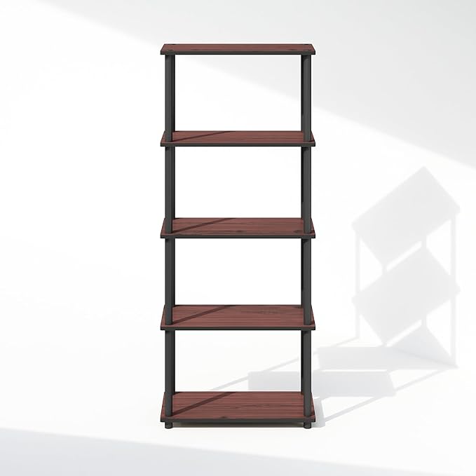 Furinno Turn-N-Tube Book Shelf, 5-Tier Bookshelf, Bookcase with Multipurpose Compact Display Rack, 11.6 x 23.6 x 57.4, for Living Room, Bedroom, Home Office, Dark Cherry/Black