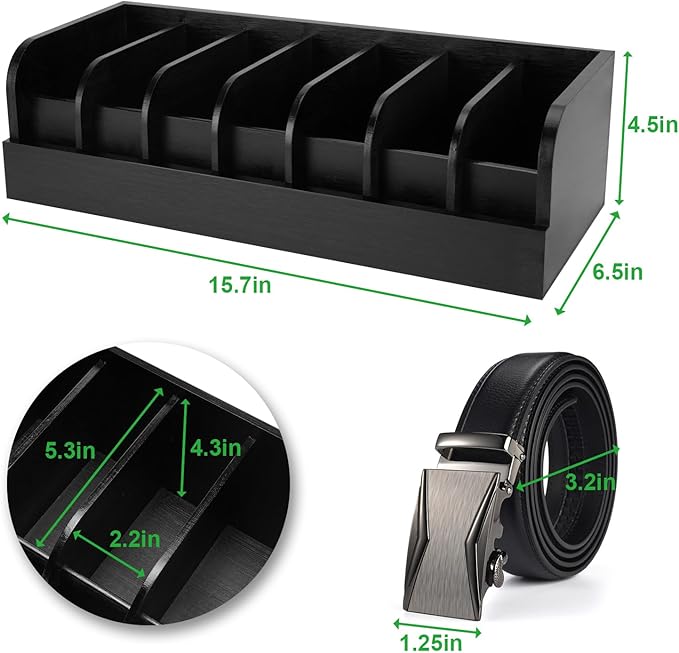 GTI Belt Organizer,2pcs 7 Compartments Belt Organizer for Closet and Drawer, Bamboo Display Case for Tie and Belt, Belt Storage Organizer for Men Women (Black)