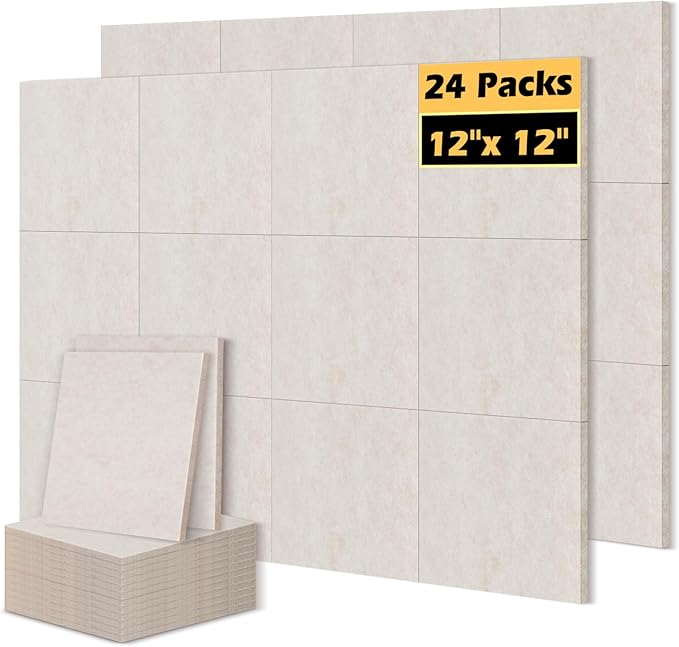 DOLLAR BOSS Felt Cork Board Tiles, 24 Packs 12" x 12" Thick Cork Bulletin Board Self Adhesive Acoustic Panels Soundproof Corkboards for Walls with Pushpins for Home Office Kitchen School, Beige