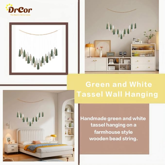 DrCor Sage Green Boho Tassel Garland – Neutral Wall Hanging for Living Room, Bedroom, or Reading Corner, Dorm Room or Entryway Decor, Baby Shower, Birthday Party or Cozy Farmhouse Decoration