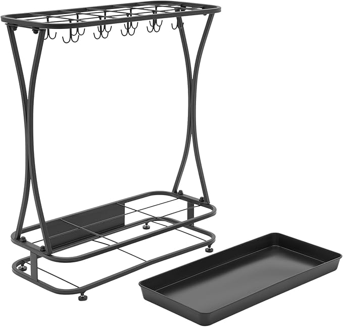 Umbrella Holder Entryway Umbrella Display Stand Rack, Free Standing Umbrella Organizer with Drip Tray, 18 Slots and 20 Hooks for Home Office Patio Indoor Outdoor(Black)