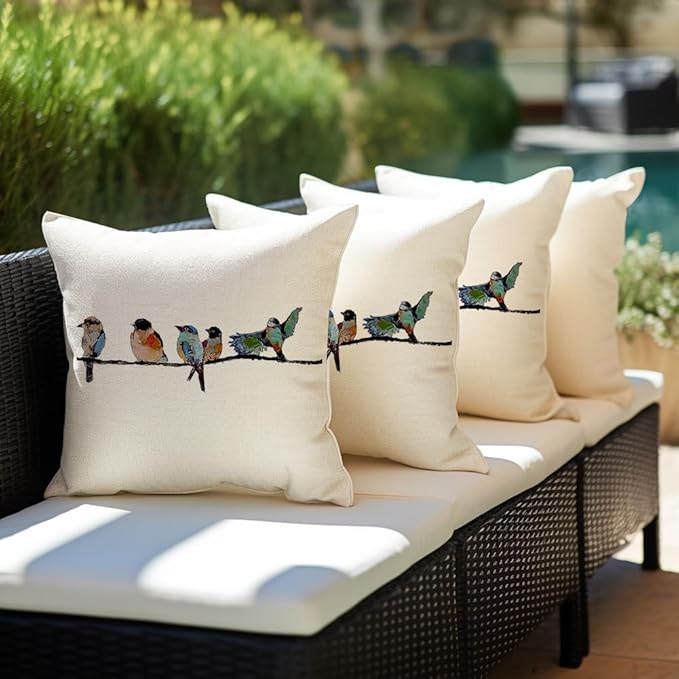 RABUSOFA Outdoor Birds Pillow Covers 20x20 Inch,Lumbar Small Throw Pillows for Couch,Spring Summer Hand-Painted Pillowcases,Teal Blue Pillows Decorative Throw Cushion Covers Cotton Linen for Sofa