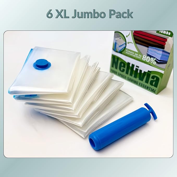6 Jumbo XL Vacuum Storage Bags with Pump, Extra Large Compression Space Saver for Comforter, Duvet, Blanket, Bedding Storage, Vacuum Seal Bags for Clothing, Luggage Closet Organizer
