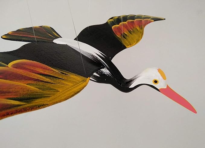 WitnyStore Wooden Bird Mobile 24" Black Crane Stork Hand Made Painted Wood Flapping Wing Birds Hanging Ceiling Decor Wind Chimes Handcrafted Art Animal Decorative Collectibles Décor Gifts Souvenirs