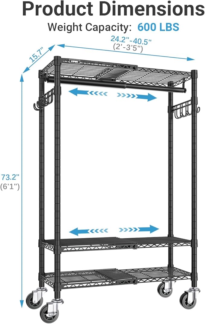 VIPEK R3X Expandable Clothes Rack with Lockable Wheels, 600 lbs Capacity Heavy Duty Rolling Garment Rack with Adjustable Width (2' to 3'5") Shelves, Space-Saving Storage Closet for Small Space (Black)