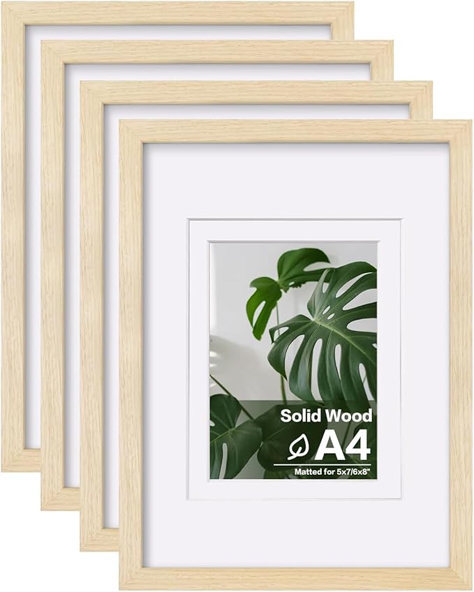 Egofine A4 Picture Frames Set of 4, Made of Solid Wood Covered by Plexiglass 5x7 and 6x8 with Mat or A4 without Mat, for Table Top Display and Wall Mounting Photo Frame Oak Wood
