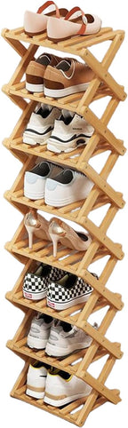 Simcat Bamboo Shoe Rack, Portable Folding Shoe Storage Rack,No Installation Free Standing Shoe Rack for Entryway, Closet, Dorm/Small Spaces (Eight layers of primary colors)