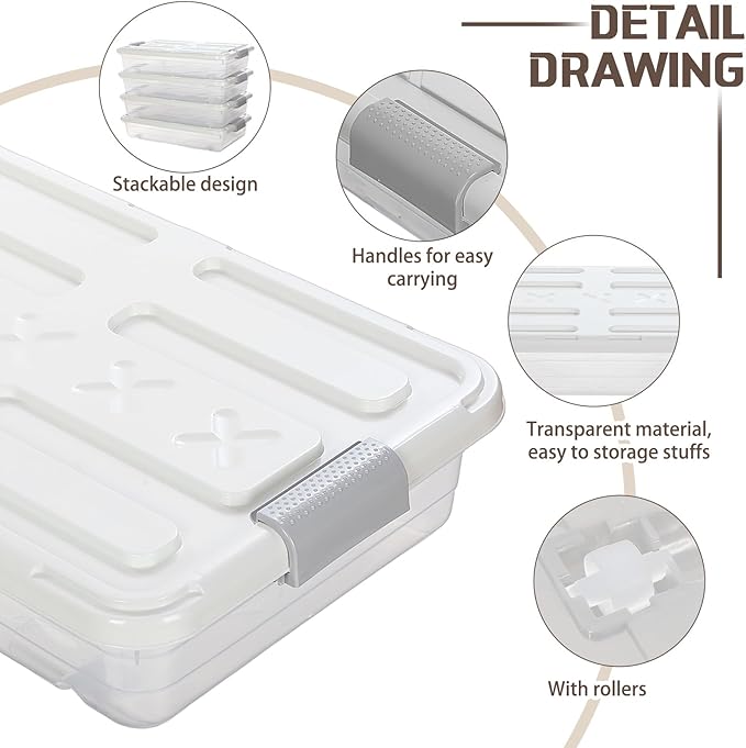 4 Pcs Plastic Under Bed Storage Containers with Lid Wheel Handle, Transparent Large Capacity Stackable Latching Storage Bins for Closet Bedroom Clothes Shoes Blanket(23.7 x 15.8 x 5.2,White)