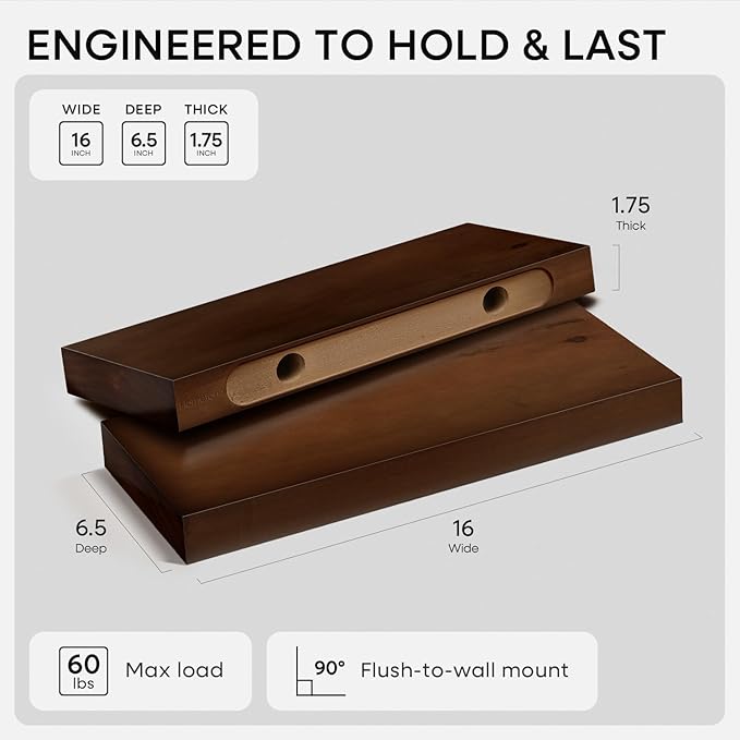 Homeforia Walnut Floating Bathroom Shelves, High End Solid Real Wood 16 inch Small Floating Shelf for Wall Mounted, Dark Brown 16inch Floating Shelves, Heavy Duty Bracket, 16 X 6.5 X 1.75 in, Set of 2