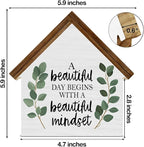 Motivational Positive Quotes Decor, Minimalist Eucalyptus House Shaped Wooden Block Sign, Inspirational Office Home Decor for Desk Table Shelf