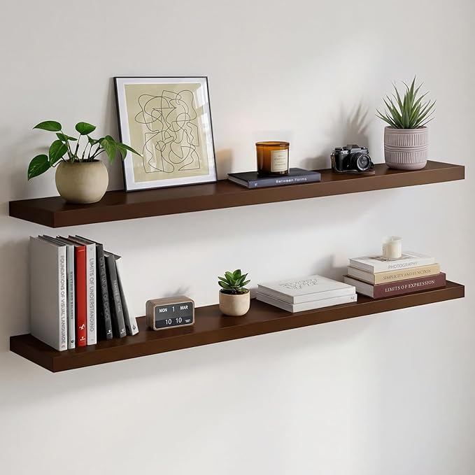 Homeforia 48 inch Walnut Floating Shelf, High End Solid Real Wood Large 48inch Floating Shelves for Wall, Dark Brown 48 inches Long Floating Shelves, Heavy Duty Bracket, 48 X 6.5 X 1.75 inch, Set of 3
