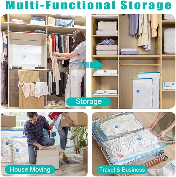 Vacuum Storage Bags, 10 Pack with Electric & Manual Pump, Space Saver Compression Bags for Clothes, Blue and White, Nylon, 4 Medium 4 Large 2 Jumbo, (Electric Pump)