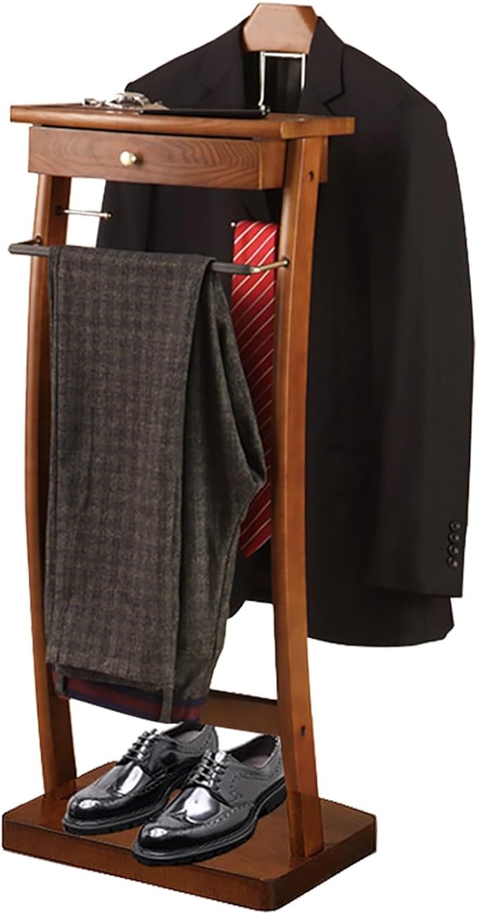 Valet Stand Wooden with Drawer, Valet Rack with Tray, Men and Women Freestanding Clothes Valet Stand, for Living Room Office Dressing Room, 44.4X30X112.2 CM (Walnut)