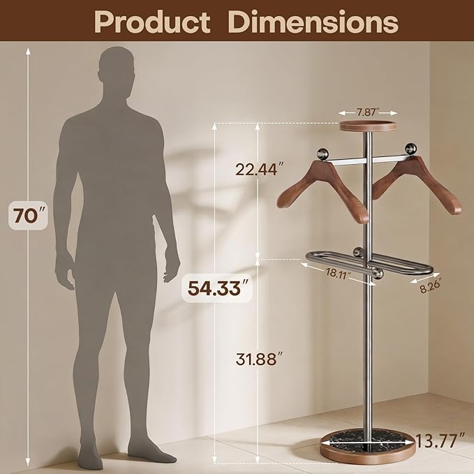 Suit Valet Stand with 2 Wooden Hangers & Storage Tray, Stainless Steel Frame, Solid Natural Marble Base, Freestanding Clothing Valet for Men, Bedroom, Office, Entryway (12.6 x 54.33 in)
