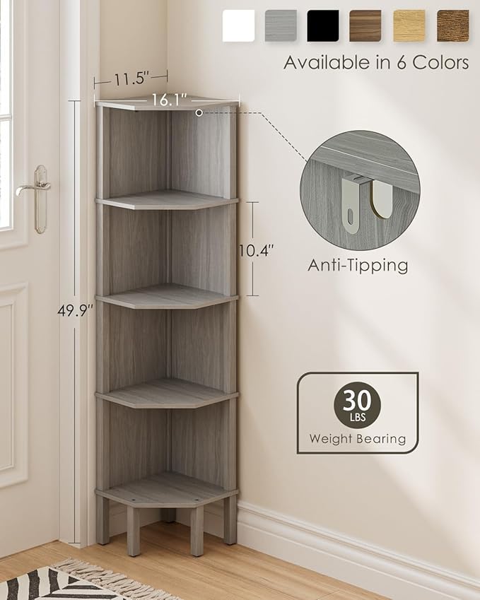 Corner Shelf, 5 Tier Corner Bookshelf, Display Corner Shelf Stand with Storage Rack, Wall Corner Bookshelf for Living Room, Bedroom, Office, Grey