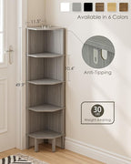 Corner Shelf, 5 Tier Corner Bookshelf, Display Corner Shelf Stand with Storage Rack, Wall Corner Bookshelf for Living Room, Bedroom, Office, Grey