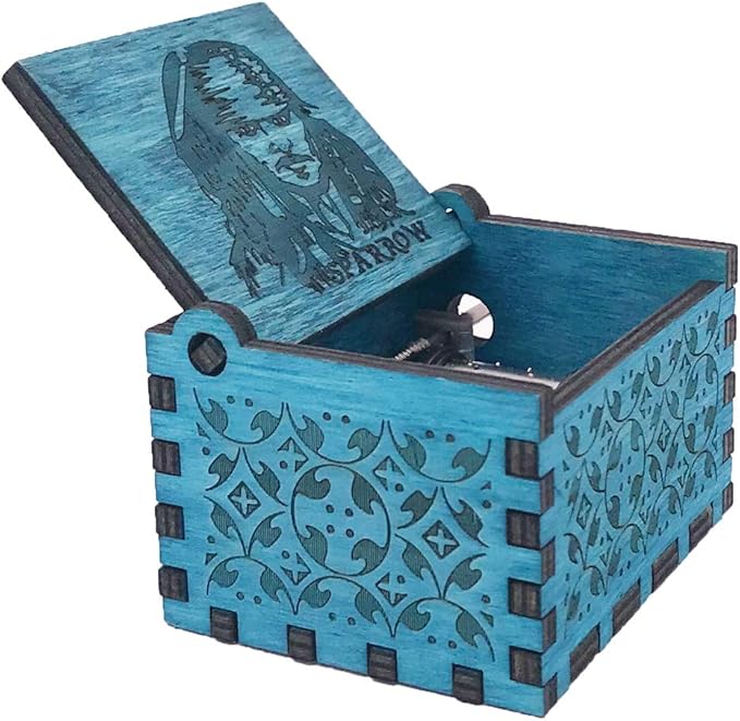 Youtang Jack Sparrow Music Box Hand Crank Musical Box Carved Wooden,Play Davy Jone's Theme,Blue