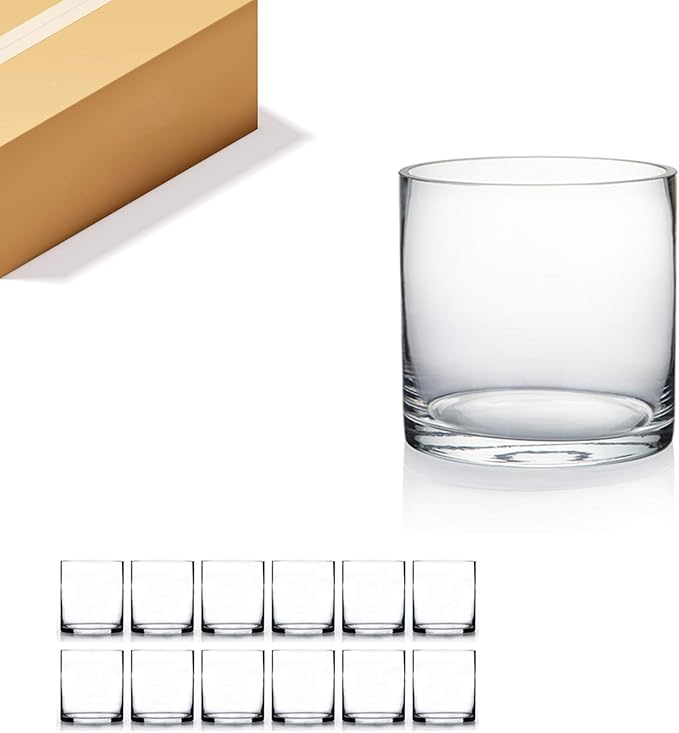WGV Cylinder Vase Bulk, Diameter 5", Height 5", Clear Glass Floral Planter Container, Floating Candle Holder for Wedding Party Event Home Office Decor, 12 Pieces