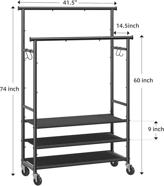 Double Rods Clothes Rack for Hanging Clothes, Rolling Clothing Rack with Wheels, 3-Tier Hanging Rack with Mesh Shelves, Holds 300 LBS for Bedroom, Laundry, Living Room, Black