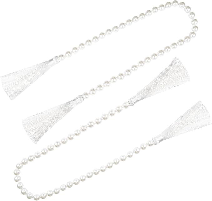 34 Inch Pearl Glass Bead Garland with Tassels - Elegant Boho Table Decor, Fringe Wall Hanging for Wedding, Party, Farmhouse Rustic Prayer Bead Home Decoration (White, 2 Pack)