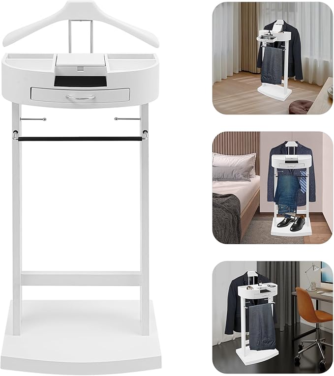 Suit Valet Stand for Men, Wood Freestanding Clothing Rack with Drawer, Top Tray, Contour Hanger, Trouser Bar, Tie & Belt Hooks and Shoe Rack Suit Stand