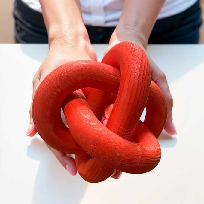Wood Knot Chain Link Decor - 3 Link Boho Wooden Hand Carved Decorative Wooden Links Knots for Coffee Table Entryway Modern Farmhouse Shelf Decoration (Red)
