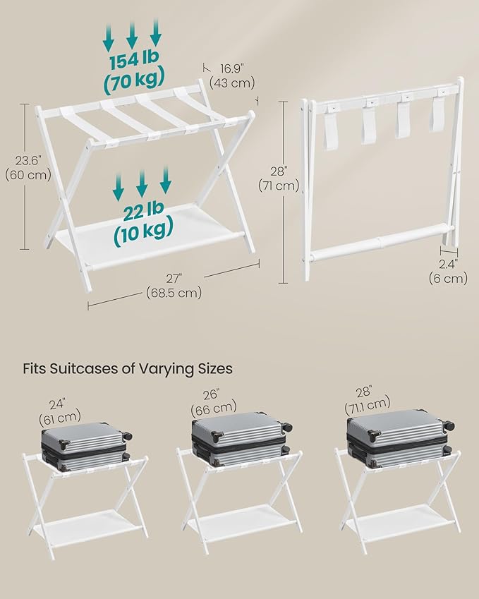 SONGMICS Luggage Rack for Guest Room, Suitcase Stand with Storage Shelf, Steel Frame, Foldable for Easy Storage, Hotel, Bedroom, Cloud White URLR003W01