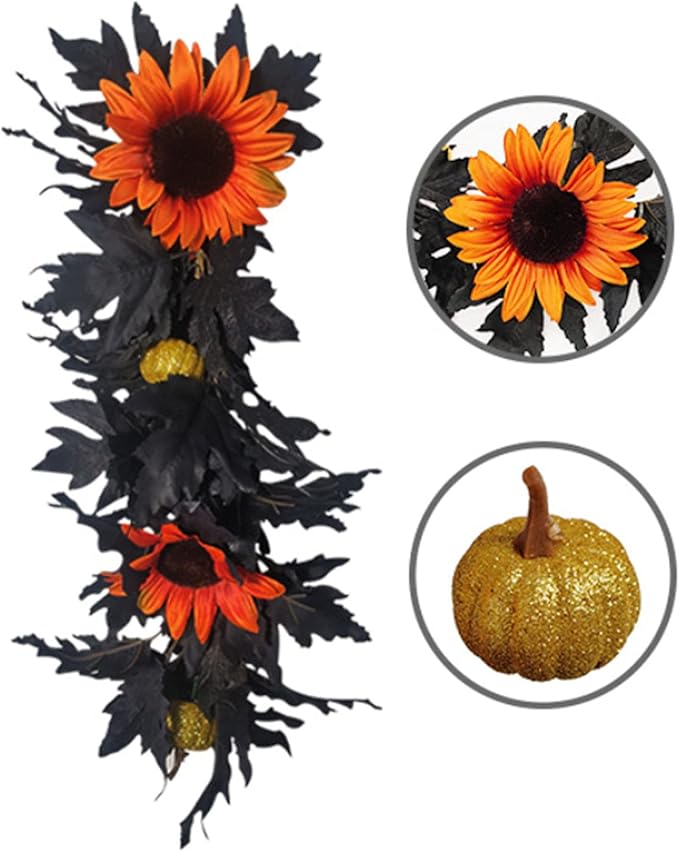 Artificial Rose Flower Swag,Artificial Sunflower Swag, 24 Inch Decorative Swag with Pumpkins Berries and Black Leaves for Halloween Home Front Door Lintel Wedding Arch Party Tabletop Wall Decor(#1)