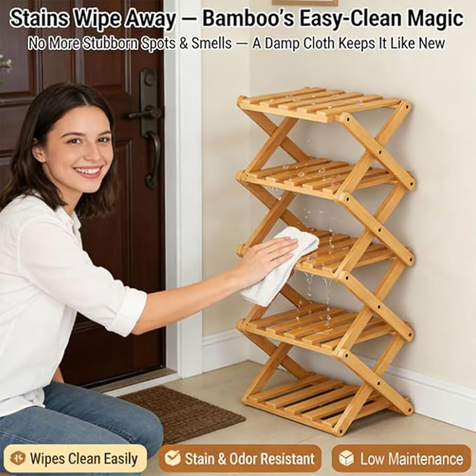 The 9-Tier No-Assembly Bamboo Rack, Foldable Stackable 9 Tier Bamboo Shoe Rack Vertical Storage Sturdy & Stable, Tall Narrow Space-Saving Expandable Shoe Rack for Entryway Closet Dorm (Nature,3 Tiers)