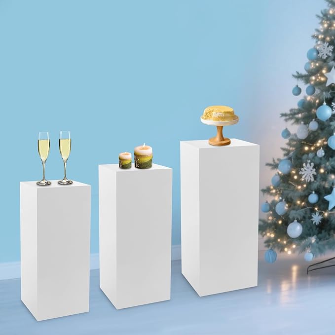 3 PCS Display Pedestal Stand, Metal Display Pedestal Stands Decoration Cube Sculpture Displays Column Square Displays Stands Pillars for Wedding Party Baby Shower Birthday (White, 3PCS)