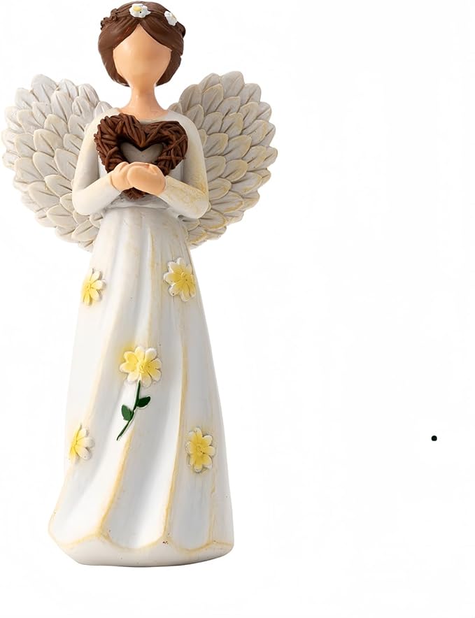 Hand-Painted Guardian Angel Figurine with Heart & Daisy Details – 5.8 Inch Resin Angel Statue for Home Decor – Sympathy, Memorial, & Friendship Gifts for Women, Mom, Grandma, Best Friend