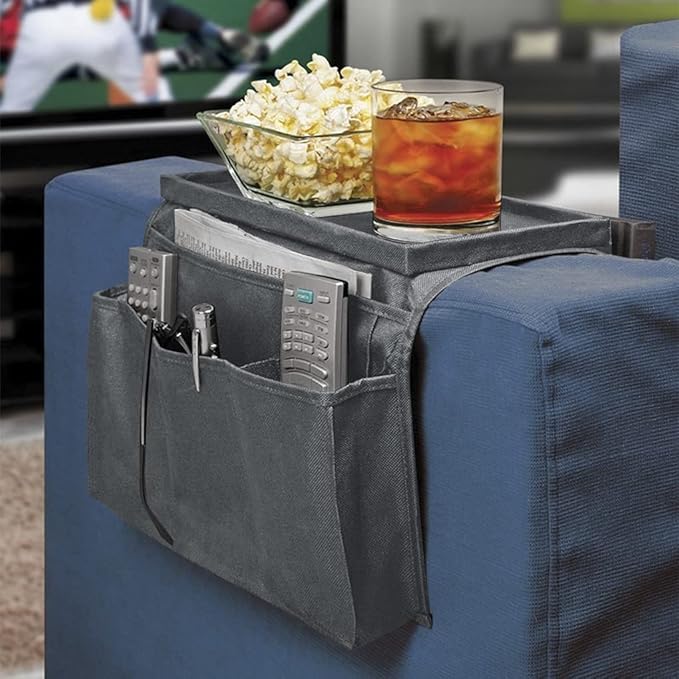 5 Pockets TV Remote Control Holder Couch Sofa Tray Armrest Organiser Oxford Chair Couch Caddy Sofa Armrest Bag Bedside Storage Hanging Organiser for Magazine Books Snack Mobile DVD Cellphone (Grey-a)