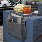 5 Pockets TV Remote Control Holder Couch Sofa Tray Armrest Organiser Oxford Chair Couch Caddy Sofa Armrest Bag Bedside Storage Hanging Organiser for Magazine Books Snack Mobile DVD Cellphone (Grey-a)