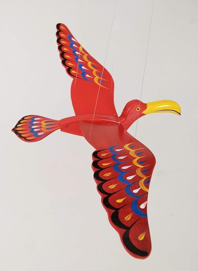 WitnyStore Wooden Bird Mobile 24" Red Long Yellow Beak Hand Made Painted Wood Flapping Wing Birds Hanging Ceiling Decor Wind Chimes Handcrafted Art Animal Decorative Collectibles Décor Gifts Souvenirs