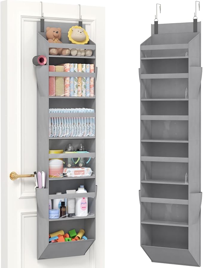 Lifewit 1 Pack Over the Door Organizer, Clear Window Hanging Storage with 4 Side Pockets, Anti Tilt 40 lbs Load Behind Door for Pantry, Nursery, Bathroom, Bedroom, Dorm, 6 Section, Light Gray