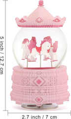 Pixel-Design Carousel Snow Globe Music Box, Compact Decorative Gift for Collectors and Home Accents, Subtle Pink Edition, Plays Toyland Melody