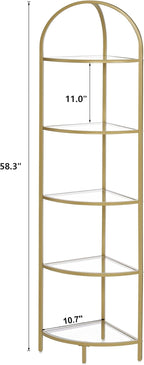 Homhedy 5-Tier Corner Shelf Stand, Metal Corner Bookshelf, Tempered Glass Shelves, Bathroom Storage Rack Shelf, Plant Stand, Modern Style, Golden