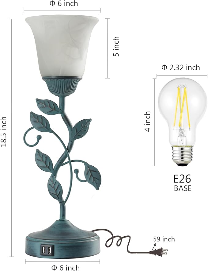 Vintage Touch Table Lamp for Living Room, 3-Way Dimmable Nightstand Lamp with 2 USB Ports, Farmhouse Rustic White Glass Shade Leaf Desk Lamp for Bedroom End Table, LED Bulb Included