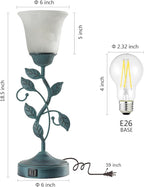 Vintage Touch Table Lamp for Living Room, 3-Way Dimmable Nightstand Lamp with 2 USB Ports, Farmhouse Rustic White Glass Shade Leaf Desk Lamp for Bedroom End Table, LED Bulb Included