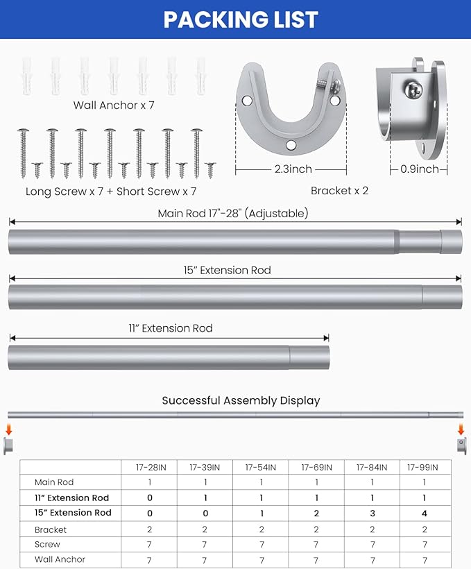 Closet Rods for Hanging Clothes, 17 to 69 Inches Stepless Adjustable Metal Closet Rod, 1.3 Inches Heavy Duty Clothes Hanging Rod for Closet Wardrobes Laundry RV, Silver